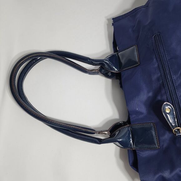 Tory Burch Ella Nylon Tote Navy Blue Patent Trim Logo Large Shoulder Bag Purse - Picture 14 of 16